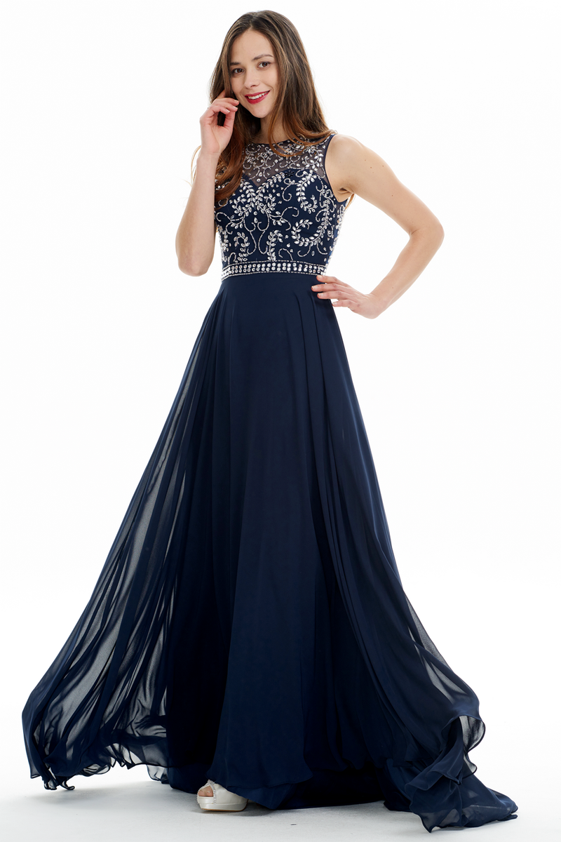 A-line Scoop Neck Floor Length Chiffon Court Sweep Prom Dress With Beading