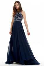 A-line Scoop Neck Floor Length Chiffon Court Sweep Prom Dress With Beading