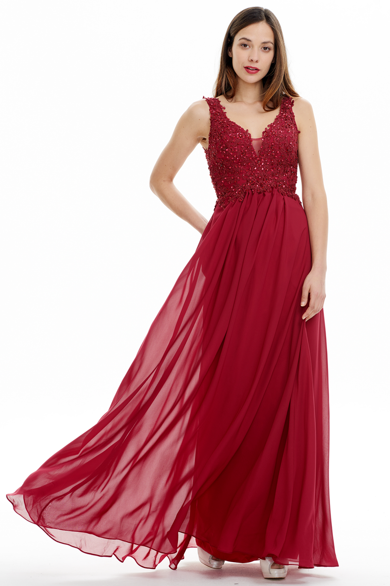 A-line V-neck Floor Length Chiffon Prom Dress With Lace Flower Beading