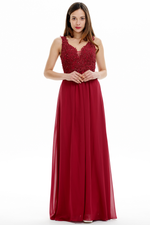 A-line V-neck Floor Length Chiffon Prom Dress With Lace Flower Beading