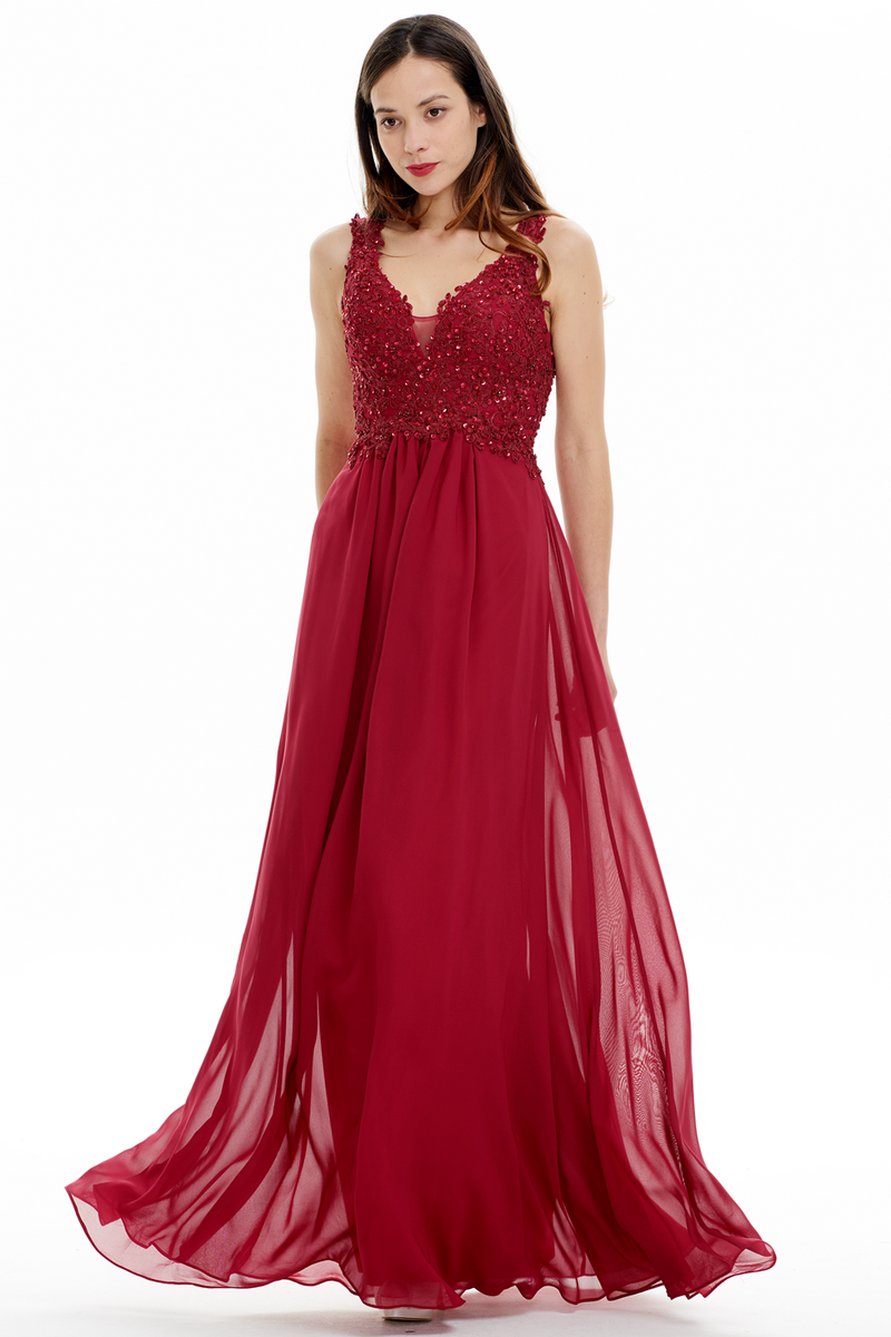A-line V-neck Floor Length Chiffon Prom Dress With Lace Flower Beading