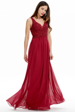 A-line V-neck Floor Length Chiffon Prom Dress With Lace Flower Beading