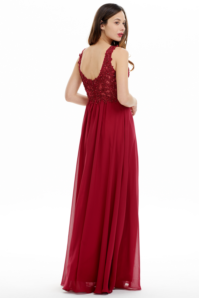 A-line V-neck Floor Length Chiffon Prom Dress With Lace Flower Beading