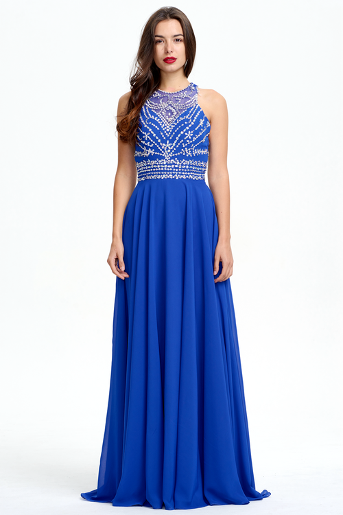 A-Line Scoop Neckline Floor Length Chiffon Prom Dress With Beading Top