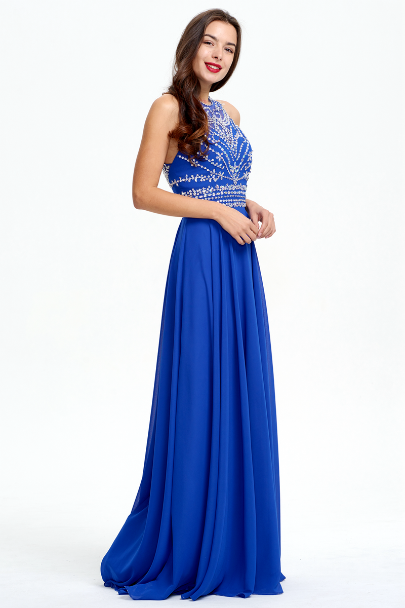 A-Line Scoop Neckline Floor Length Chiffon Prom Dress With Beading Top