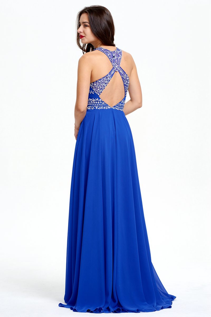 A-Line Scoop Neckline Floor Length Chiffon Prom Dress With Beading Top