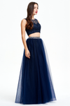 Two Pieces Scoop Neckline Sweetheart Floor Length Tulle Prom Dress With Beading