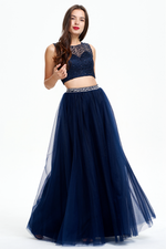 Two Pieces Scoop Neckline Sweetheart Floor Length Tulle Prom Dress With Beading