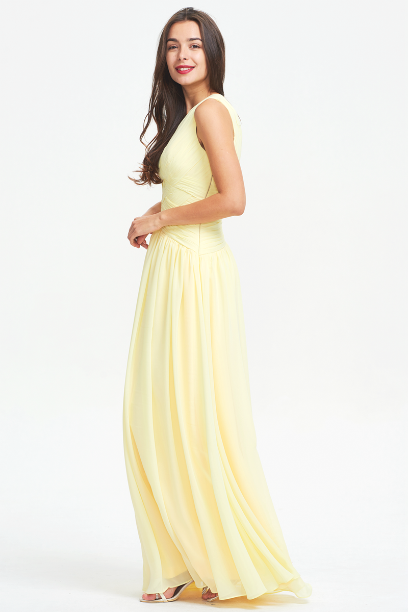 A-line V-neck Ruffle Knited Design Floor Length Chiffon Bridesmaid Dress