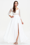 3/4 Sleeves A-Line V-neck Floor Length Chiffon Prom Dress With High Slit