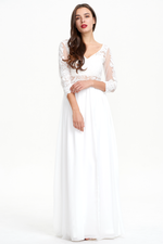 3/4 Sleeves A-Line V-neck Floor Length Chiffon Prom Dress With High Slit