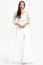 3/4 Sleeves A-Line V-neck Floor Length Chiffon Prom Dress With High Slit