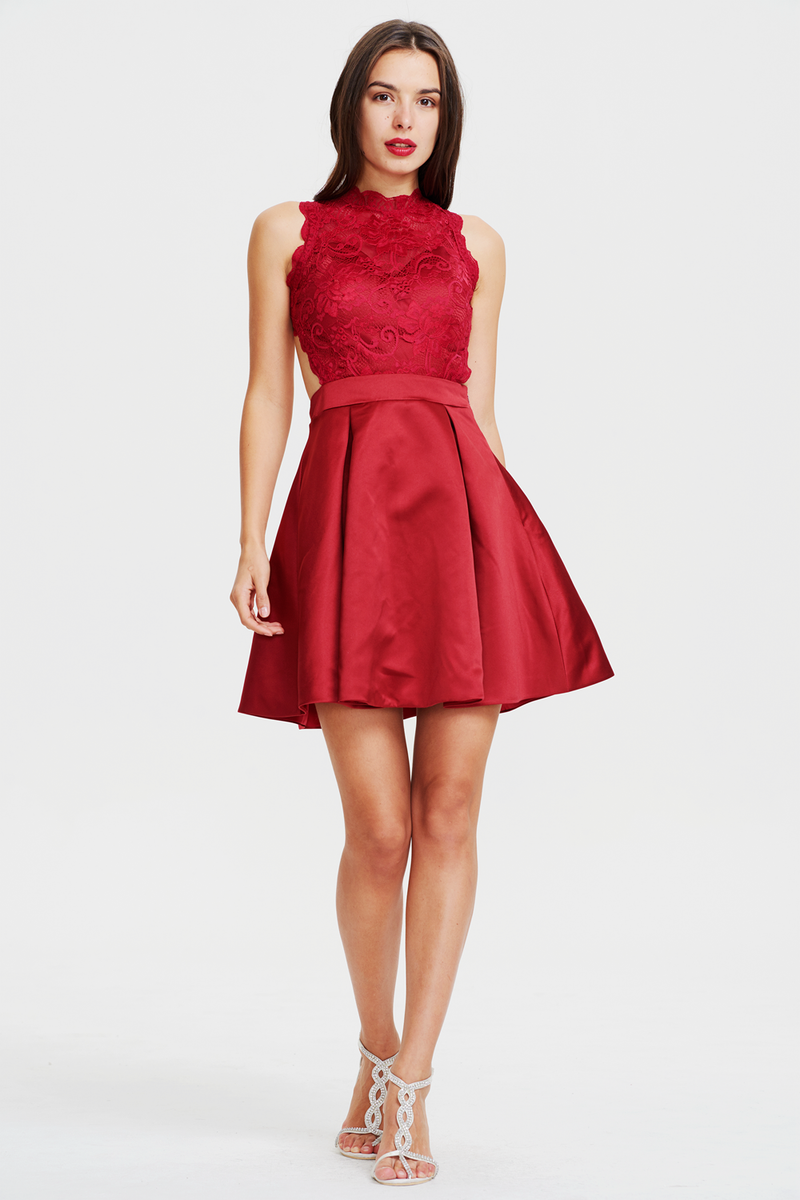 A-line Burgundy Scoop Neck Mini/Short Satin Backless Homecoming Dress With Lace