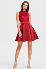 A-line Burgundy Scoop Neck Mini/Short Satin Backless Homecoming Dress With Lace