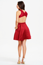 A-line Burgundy Scoop Neck Mini/Short Satin Backless Homecoming Dress With Lace