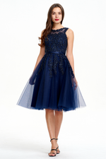 A-Line Scoop Neck Knee Length Tulle Prom Dress With Beading Flowers