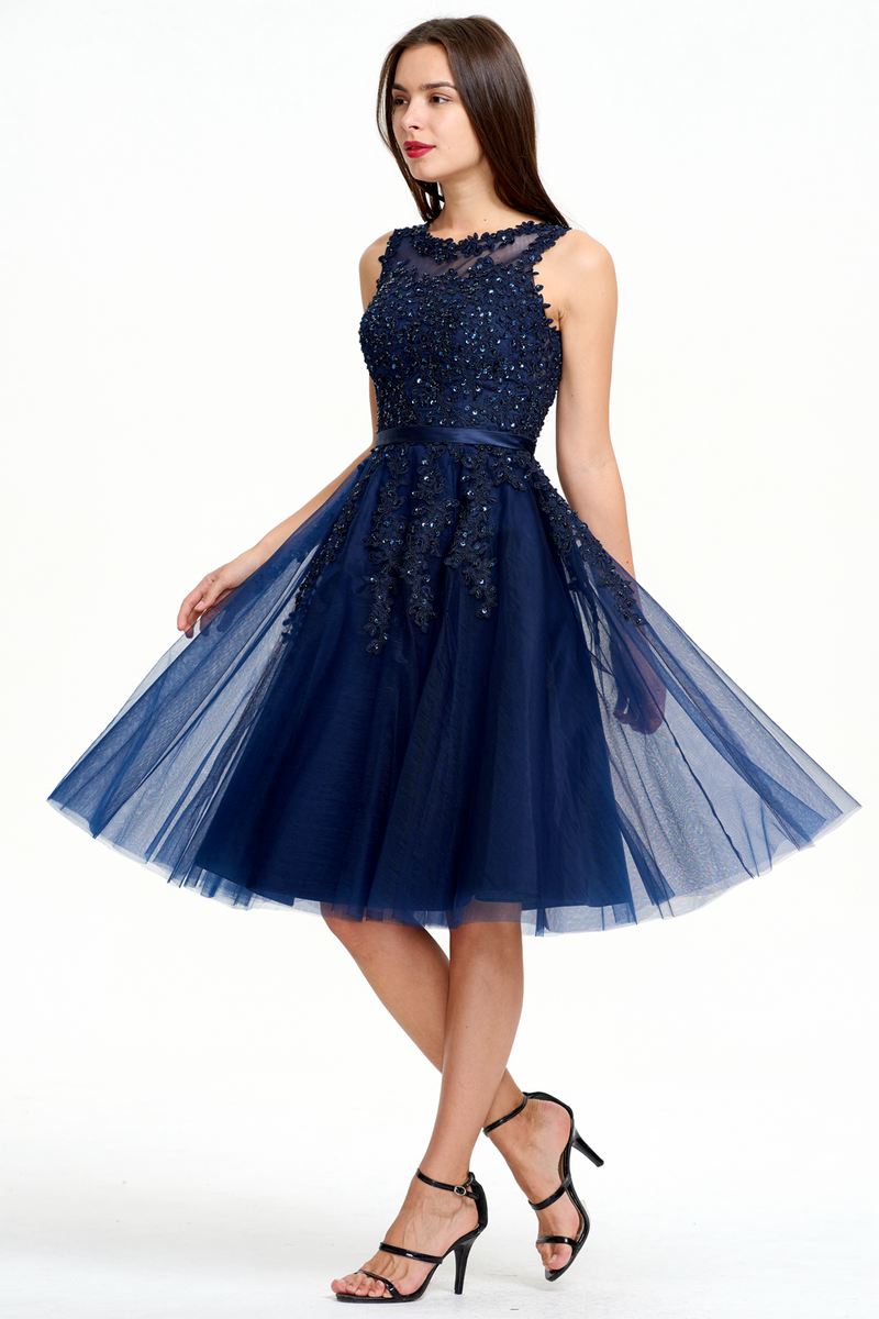 A-Line Scoop Neck Knee Length Tulle Prom Dress With Beading Flowers