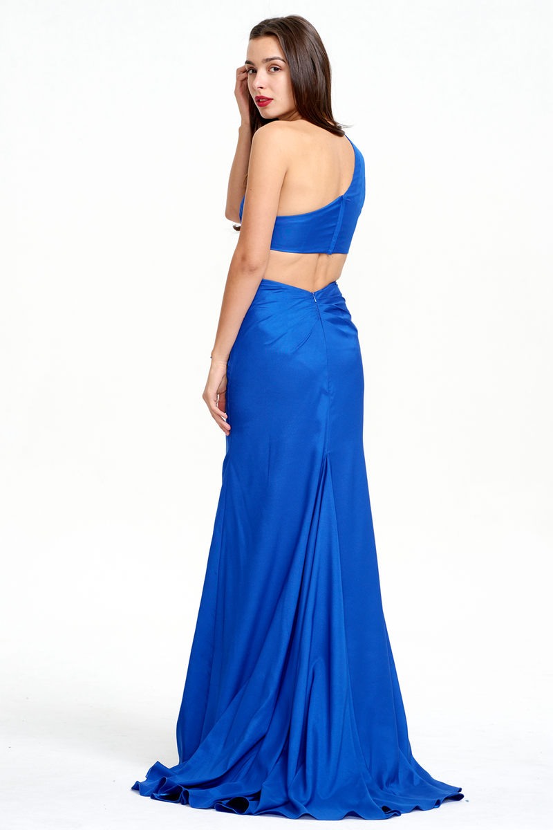 Trumpet/Mermaid One Shoulder Sweep Court Satin Evening Dress With High Slit