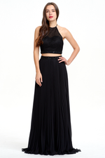 Two Pieces A-line Halter Pleated Backless Chiffon Prom Dress With Beading