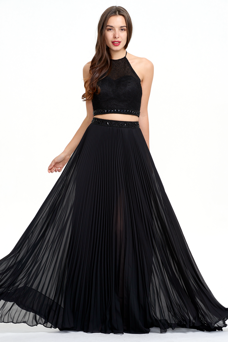 Two Pieces A-line Halter Pleated Backless Chiffon Prom Dress With Beading