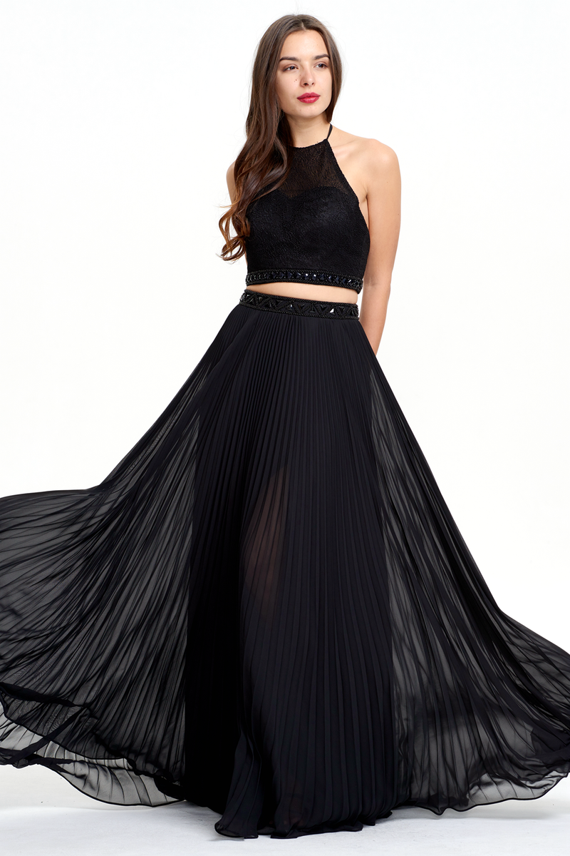 Two Pieces A-line Halter Pleated Backless Chiffon Prom Dress With Beading