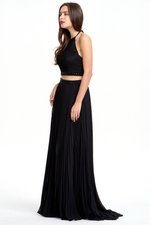 Two Pieces A-line Halter Pleated Backless Chiffon Prom Dress With Beading