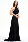 Two Pieces A-line Halter Pleated Backless Chiffon Prom Dress With Beading