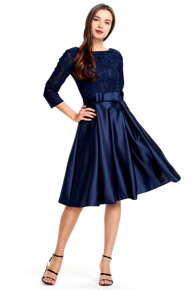 A-line 3/4 Sheer Sleeves Knee Length Satin Homecoming Dress With Bow promlinks A-line 3/4 Sheer Sleeves Knee Length Satin Homecoming Dress With Bow promlinks