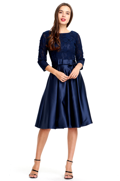 A-line 3/4 Sheer Sleeves Knee Length Satin Homecoming Dress With Bow