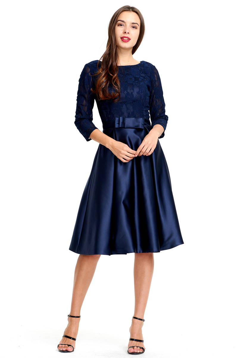 A-line 3/4 Sheer Sleeves Knee Length Satin Homecoming Dress With Bow promlinks A-line 3/4 Sheer Sleeves Knee Length Satin Homecoming Dress With Bow promlinks