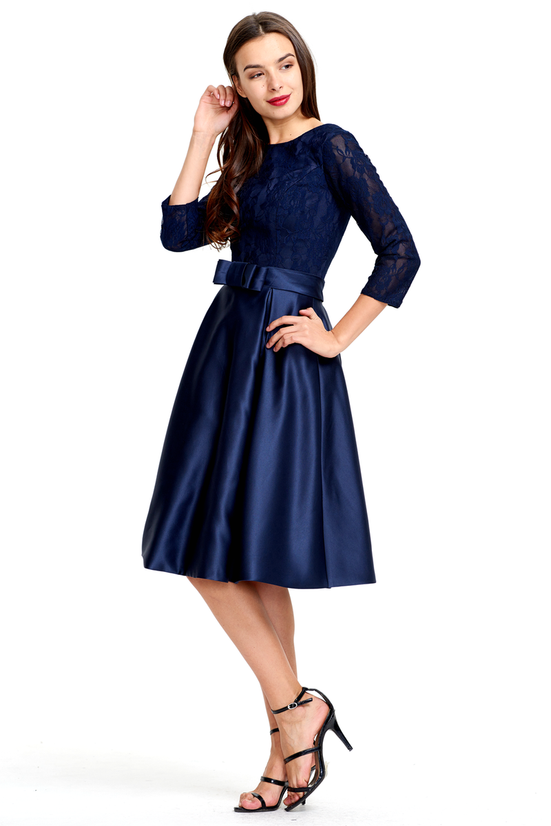 A-line 3/4 Sheer Sleeves Knee Length Satin Homecoming Dress With Bow promlinks A-line 3/4 Sheer Sleeves Knee Length Satin Homecoming Dress With Bow promlinks