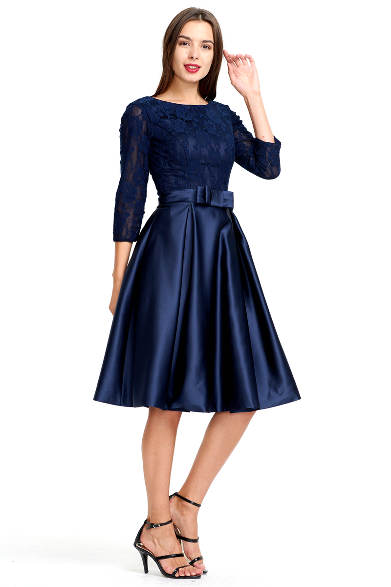 A-line 3/4 Sheer Sleeves Knee Length Satin Homecoming Dress With Bow