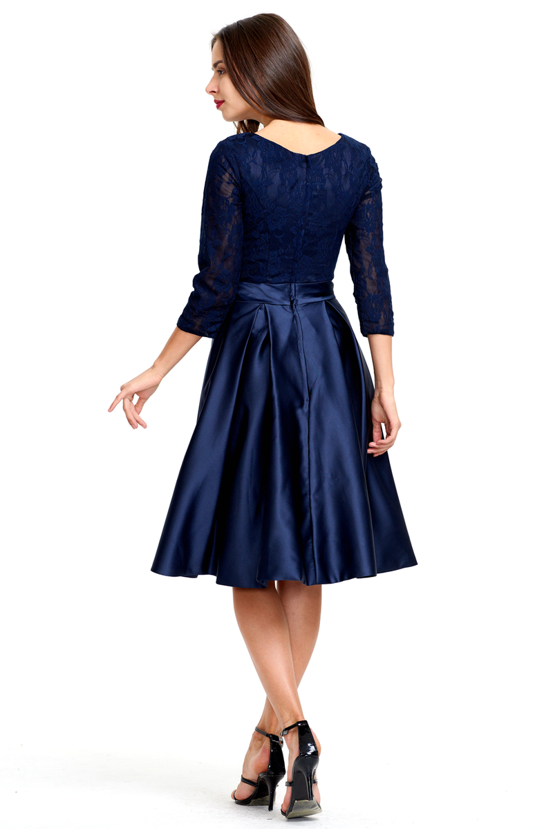 A-line 3/4 Sheer Sleeves Knee Length Satin Homecoming Dress With Bow