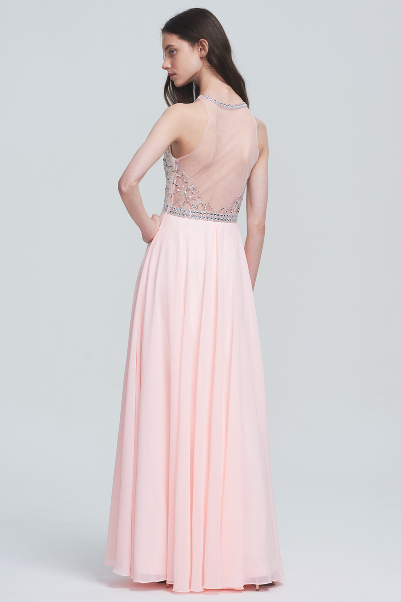 A-Line Halter Neck Floor-Length Chiffon Sweetheart Sheer Bridesmaid Dress With Beading