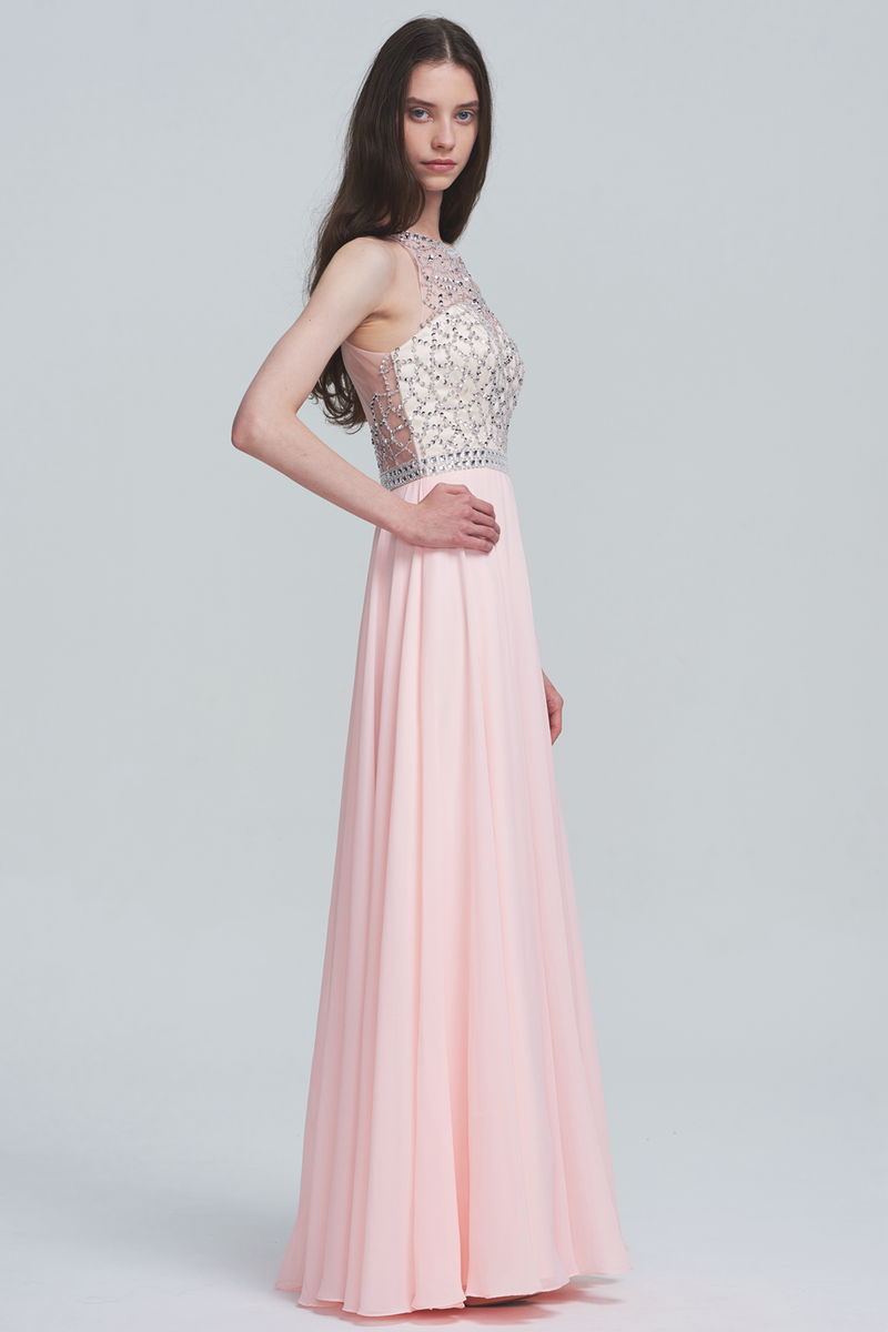 A-Line Halter Neck Floor-Length Chiffon Sweetheart Sheer Bridesmaid Dress With Beading